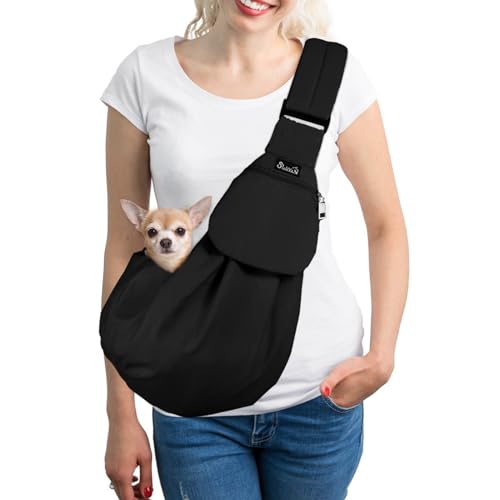 SlowTon Dog Carrier Sling - Thick Padded Shoulder Strap Adjustable, Black S | Dog Carriers for Small Dogs, Puppy Carrier Purse for Pet Cat with Front Zipper Pocket Safety Belt Machine Washable - color: C-Black Water-Resistant