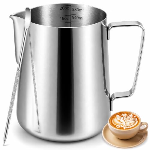 Vakoo Milk Frothing Pitcher, 20oz, 304 Stainless Steel Frother Cup | Dual Scale, Latte Pen Included, Barista Grade, for Espresso Machine, Coffee, Cappuccino, 12oz/20oz/32oz Available - size: 20 Ounces
