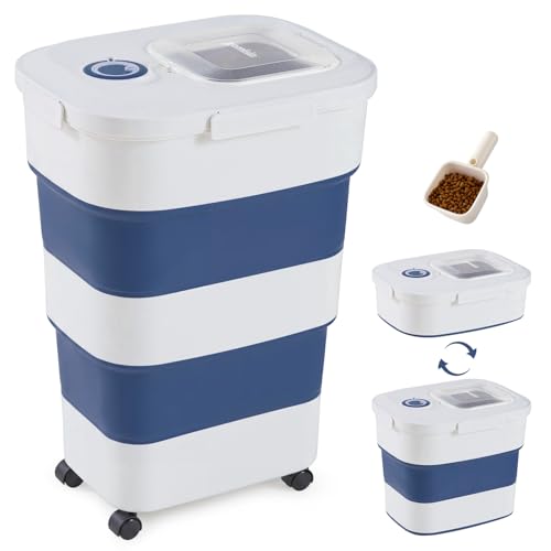 ZOMISIA 40-50lbs Dog Food Storage Container, Large Capacity Collapsible Airtight Pet Food Storage Containers with Rolling Wheels, Transparent Lid, Scoop and Date Track, Blue - color: Blue