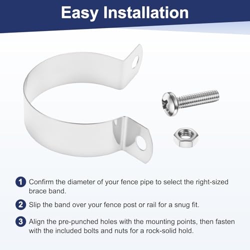 M METERXITY 12-Pack 1-1/2" Brace Bands Chain Link Fence Parts | Galvanized Steel Chain Link Brace Band with Bolts and Nuts for Fence, Gate, Posts, Rust-Resistant [Silver] - size: 1-1/2"