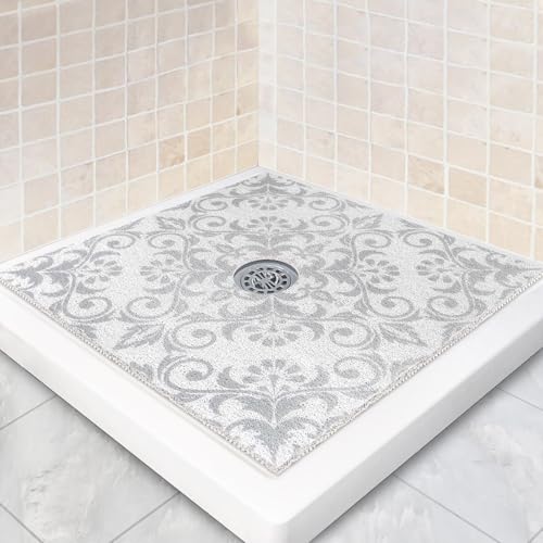 Square Shower Mat Non Slip: 32 x 32 Inch Extra Large Shower Mats with Drain Hole in Middle - PVC Loofah Anti Slip Shower Floor Matt for Inside Shower - color: Geometric Line, size: 32" x 32" (Square)