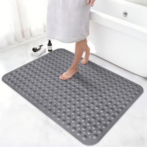 Shower Mat Non Slip, 36" x 24" Large Shower Floor Mat with Drain Holes and Suction Cups, Soft TPE Anti Slip Shower Stall Mats for Inside Shower, Machine Washable, Grey - color: Grey