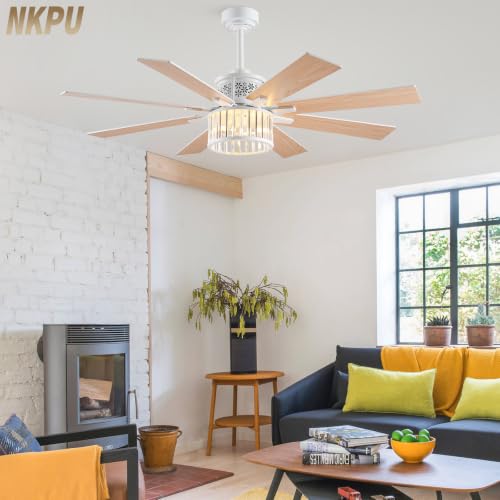 NKPU 52" Farmhouse Crystal Ceiling Fans with Lights and Remote, Chandelier Industrial Ceiling Fan with Dual 8 Blades, 6 Speed Reversible Motor, Timing, White Ceiling Fan for Living room, Bedroom - color: White