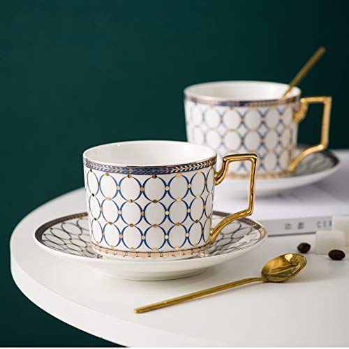 CwlwGO-European style cup and saucer set, 7 oz (about 198.4 grams) bone china exquisite glazed platinum tea cup and saucer (two sets), golden spoon, mug, cappuccino, latte, MOCHA, elegant female suit. - color: 2 pack