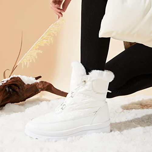 BABUDOG Womens Warm Fur Lined Mid-Calf Boots Waterproof Winter Snow Boots Non-slip Lace up Combat Boots - color: White, size: 9.5