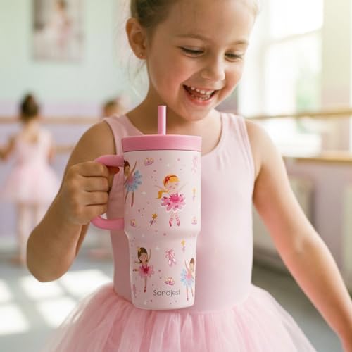 SANDJEST Ballet Stainless Steel Tumbler 20oz with Handle and Silicone Straw Locking Lid for Kids Girls, Birthday Christmas Back to School - color: Ballerina
