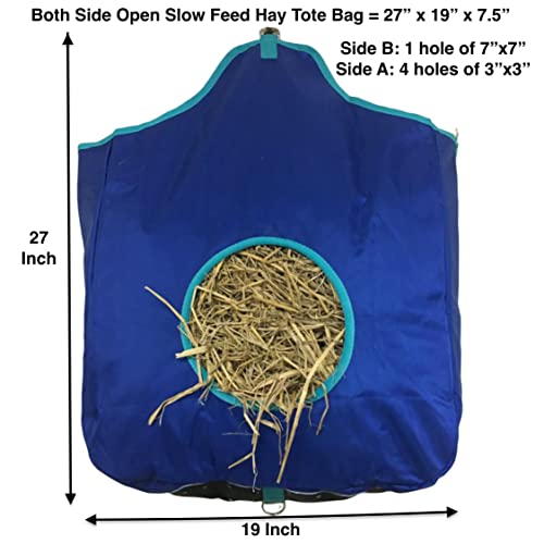 Majestic Ally Nylon Hay Feeder Tote Bag for Horse, Goat, Sheep - Double Sides Open Feed Hole with Faux Leather Ventilated Bottom- Premium Quality -Simulates Grazing - Reduces Waste (Royal Blue) - color: ROYAL BLUE
