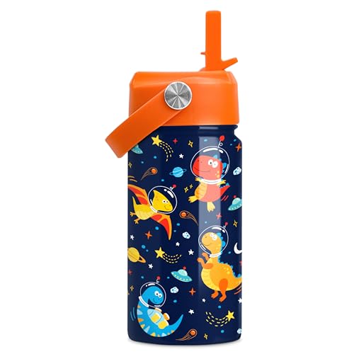 Kids Water Bottle with Straw Lid - 12 Oz Insulated Stainless Steel Dinosaur Water Bottles for Kid Boys - Travel Cup for School Sports - color: Cosmos Dinosaur