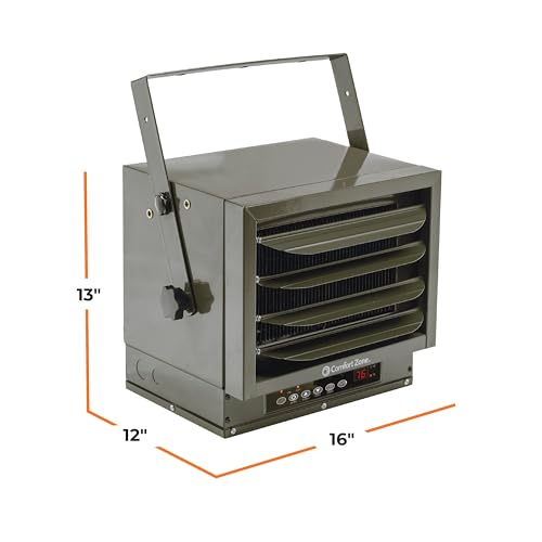 Comfort Zone Hard-Wired Ceiling Mount Garage Space Heater with Remote, 7,500 Watt, 240 Volt, Fan-Forced, Overheat Protection, Digital Thermostat, 12-Hour Timer, Ideal for Garage & Workshop, CZ230ER | Digital thermostat, 12-hour timer, and remote control.