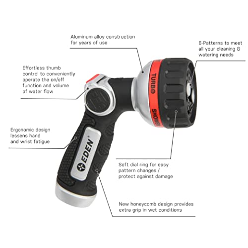 Eden 94814 Metal Thumb Control Heavy Duty Garden Hose Nozzle, Water Sprayer Nozzle with 6 Adjustable Watering Patterns, W/Quick Connect Starter Set for Plants, Lawn, Garden - style: Angled Thumb Control