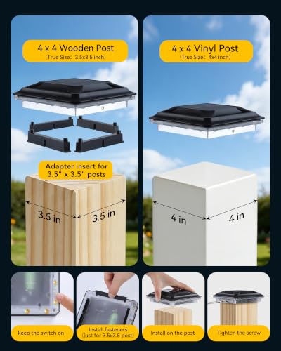 Solar Post Cap Lights for 4x4 Wood (Actual 3.5x3.5 in)/4x4 Vinyl Posts | 16 LEDs Outdoor Waterproof 3000/4500/6000K 3 Modes, Deck Post Cap Light for Garden, Patio, Porch,12 Pack - size: 12 Pack