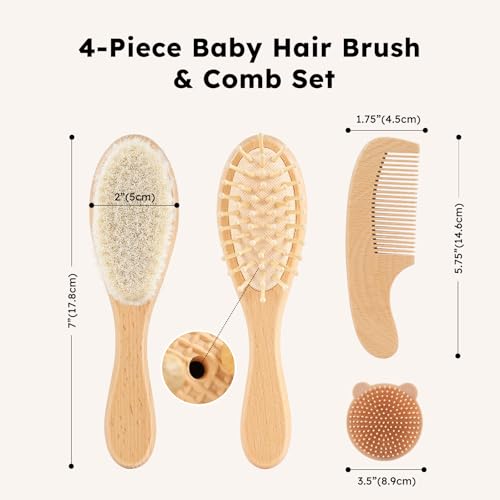 Yoofoss 4 Piece Baby Brush and Comb Set, Wooden Baby Brush with Natural Ultra Soft Goat Hair, Baby Hair Brush for Newborn, Baby Brush Set for Boy Girl - color: Wood
