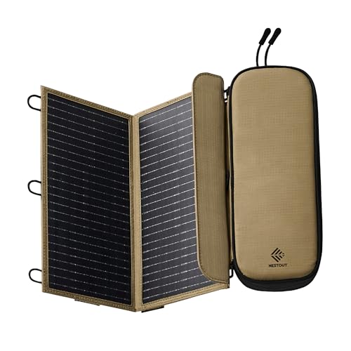 NESTOUT Portable Solar Panel, USB-C and USB-A Ports, 14W Solar Charger for Camping, Water Repellent Ripstop Nylon, Foldable Compact Design, Digital Ammeter, Adjustable Stand, Beige (2 Panel) - color: Beige 2-Panel (Upgraded)