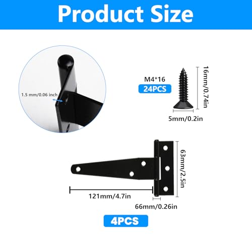 T Strap Hinges Heavy Duty, Shed Door Gate Hinges(Black) (4, 4 Pcs *4 inch) | 3 inch t hinges Heavy Duty Black Outdoor Tee Hinge for Wooden Fences, Barn Door Gates Hinge for Shed Door Hardware - size: 4 Pcs *4 inch