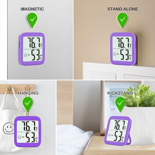 Antonki 2 Pack Room Thermometer Indoor Hygrometer | Monitor Temperature & Humidity, Accurate, Fast Read, Easy To View, Magnetic/Kickstand/Hanging, ℉/℃, w/ Battery, Compact - color: 2 Pcs* Lavender Purple