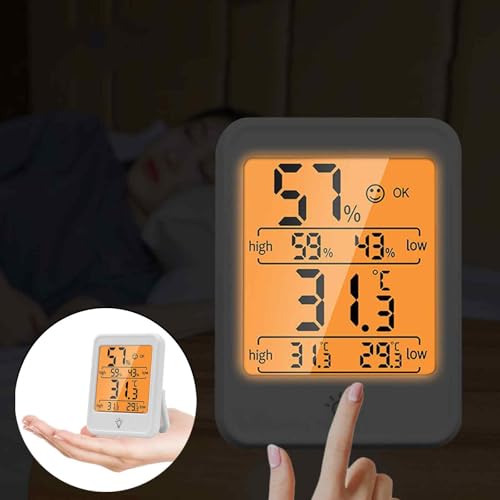 Digital Thermometer Hygrometer, Indoor Humidity Monitor with Backlight | Max/min record, magnetic mount. Ideal for baby room, bedroom, home, office, wine cellar, white
