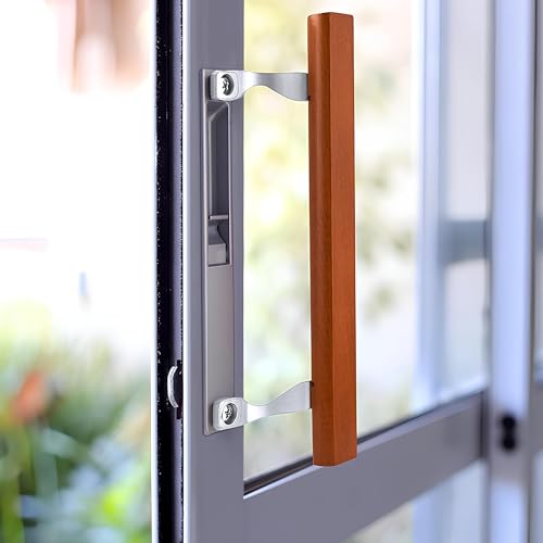 Brixwell Patio Door Handle with Brackets, Chrome Finish with Wood Grip, 6-5/8" Center-to-Center, Easy Installation Residential and Commercial Use, Replacement or New