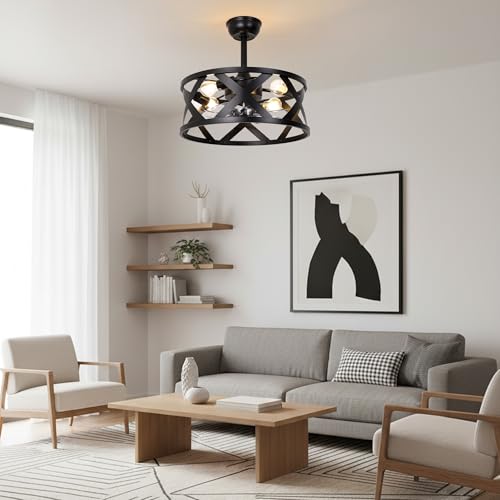 20" Black Caged Ceiling Fan with Lights Remote Modern Fandelier | Industrial Chandelier Light, Reversible DC Motor 6 Speeds for Bedroom Nursery Living Room, 4 E26 Bulbs (Not Included) - color: Black Metal Cage