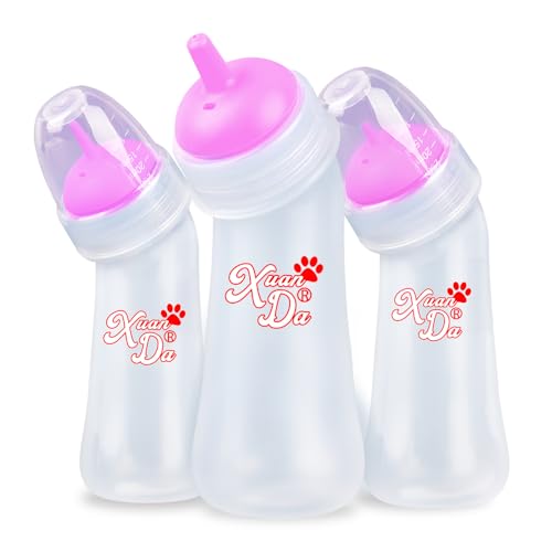 Pet Feeding Bottle,3 Pack Wide Mouth Angled Nursing Bottle, 3 Sizes Nipples with Ventilation Valve Resistant Tearing Perfect for Puppies, Kittens, Small Wildlife(Pink) - color: pink