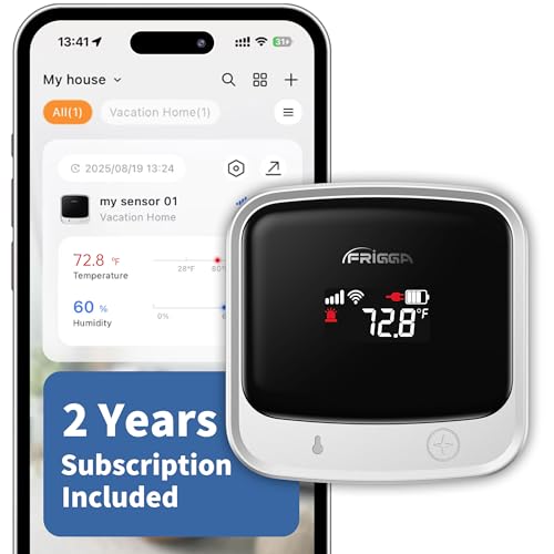 Frigga 4G Cellular Temperature & Humidity Monitor for RV Pets Home Safety | No WiFi Required(WiFi Optional), Remote Temp Sensor with App, Email, App & on-device Voice Alerts, 2 Year Sim Included