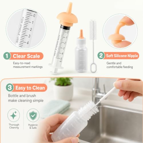 Pet Nursing Kit, Kitten Bottle Feeding Set with Silicone Nursing Nipples, Liquid Syringes, Formula Dispenser, Measuring Cup & Cleaning Brush for Newborn Puppies, Kittens & Other Small Animals