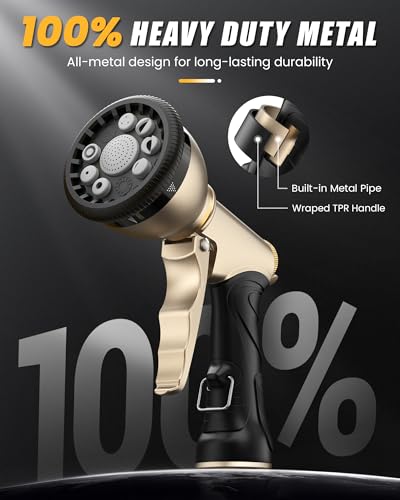 RAINPOINT Garden Hose Nozzle, Hose Sprayer Nozzle with 9 Spray Patterns, High Pressure Water Hose Nozzle Heavy Duty Metal Hand Sprayer, Watering Plants and Lawn, Car Washing, Pet Showering