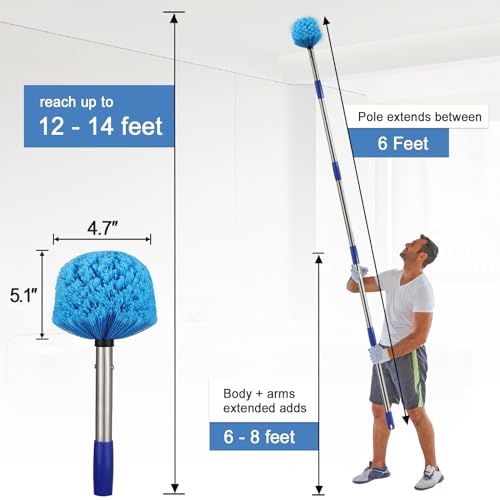 Cobweb Duster with Extension Pole - 6 FT Lightweight Stainless Steel Extendable Duster Ceiling Fan Duster for High Ceilings, Medium Stiff PET Bristle Spider Web Brush for Indoor/Outdoor Cleaning - size: 6FT