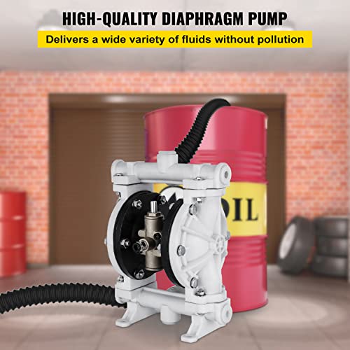 VEVOR Air-Operated Double Diaphragm Pump, 1/2 in Inlet & Outlet, Polypropylene Body, 13.2 GPM & Max 120PSI, PTFE Diaphragm Pneumatic Transfer Pump for Petroleum, Diesel, Oil & Low Viscosity Fluids - size: 2.5 GPM