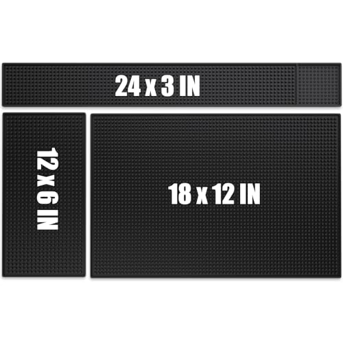 3PCS Black Rubber Bar Service Spill Mat, Bar Mat Set for Countertop | Flexible Barber Station Mat, Waterproof Home Bar Mats Restaurant Service Mat Nonslip Drying Mat - 24x3 & 18x12 & 12x6inch - size: Set of 3 Sizes