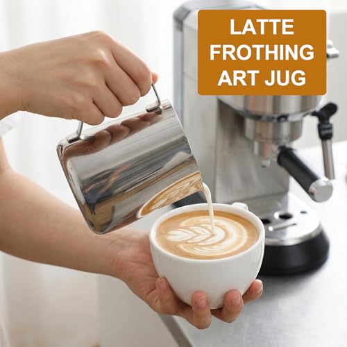 2 Pcs Milk Frothing Pitcher, 32 Oz Stainless Steel Steaming Pitcher for Espresso, Cappuccino, Barista Frother Jug with Tick Mark and Latte Art Pen, Silver
