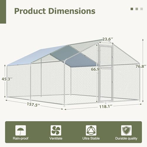 Large Metal Chicken Coop,19.7x9.8x6.4 FT Chicken Run for Yard with Waterproof & Anti-UV Cover,Walk in Chicken Pen with Feeding Door (13.1 * 9.8 * 6.4 ft) - size: 157.5"L x 118.1"W x 76.8"H