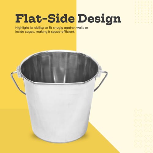 6 Quart Stainless Steel Flat Side Bucket – 1.5 Gallon Heavy Duty Hanging Dog Water Buckets for Kennels & Cages – Flat Back Food & Water Feeding Pail for Livestock, Goats, Sheep & Horses - size: 6 Quarts