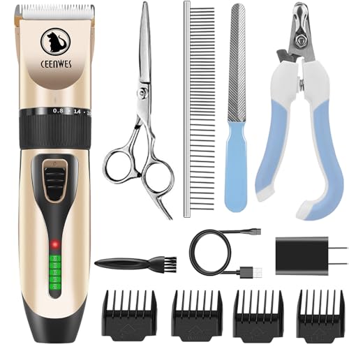 Power Display Dog Clippers Cordless Dog Grooming Kit Professional Horse Clippers Detachable Blade with 4 Comb Guides, Low Noise Pet Clippers Rechargeable Pet Grooming Tools for Dogs Cats Pets