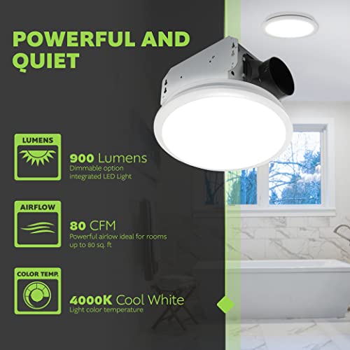 Homewerks 7141-80 Bathroom Fan Integrated LED Light Ceiling Mount Exhaust Ventilation 1.1 Sones 80 CFM, White - color: Round 80 CFM