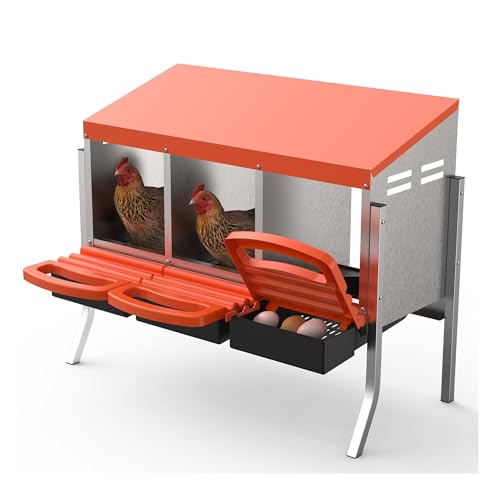 Metal Chicken Nesting Box with Easy-Collect Tray & Lid – 3/4/2x2 Compartment Heavy Duty Roll Away Nesting Boxes for Chickens, Wall Mount or Freestanding, Galvanized Steel Hen Laying Box for Coop