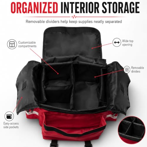 NOVAMEDIC NM-RO63P Professional First Responder Bag, 17” x 9” x 7” Empty EMT Trauma Kit Carrier with Removable Dividers, Reflective Strips, Water-Resistant Base for Emergency Medical Supplies (Red) - color: Red