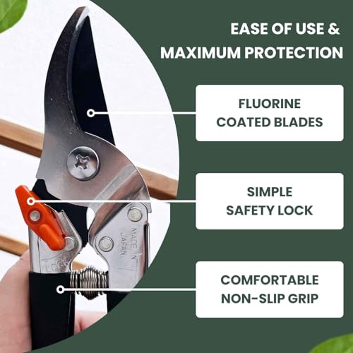 Saboten Japanese Pruning Shears 7.9" – Professional Bypass Garden Clippers, Made in Japan, Sharp Carbon Steel Blade with Sap-Resistant Fluorine Coating, Cuts up to 3/4 in (20 mm)
