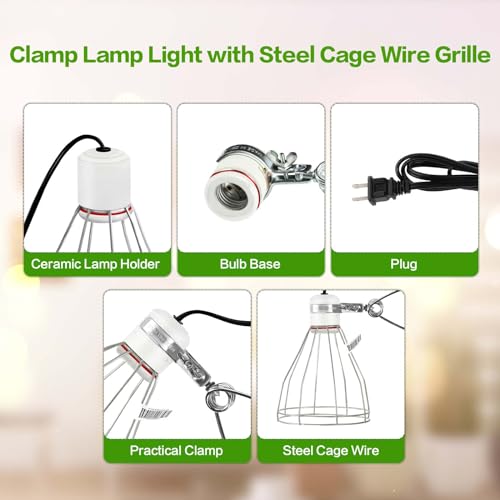 Simple Deluxe 1-Pack Clamp Lamp Light with Steel Cage Wire Grillup to 250W E26 Socket (No Bulb Included), 6' Cord, Silver - size: Lamp Cage (250 Watts), style: 1-Pack (Ceramics)