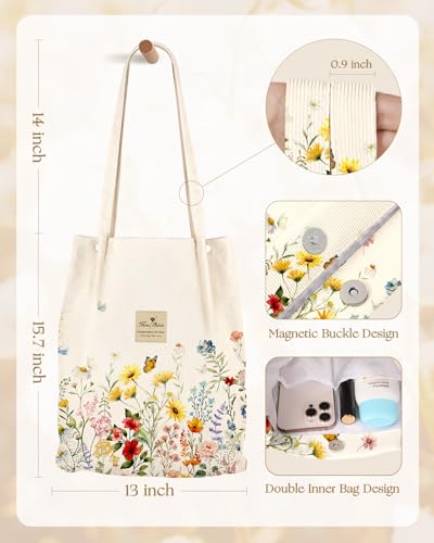 Miss Adola Corduroy Tote Bag for Women with Aesthetic Design | Magnetic Buckle & Pocket, Reusable, Soft, Roomy, Long Shoulder Handles, Double-sided Print, Casual Daily Work, Grocery Bags - color: New Vintage Flower, size: Large