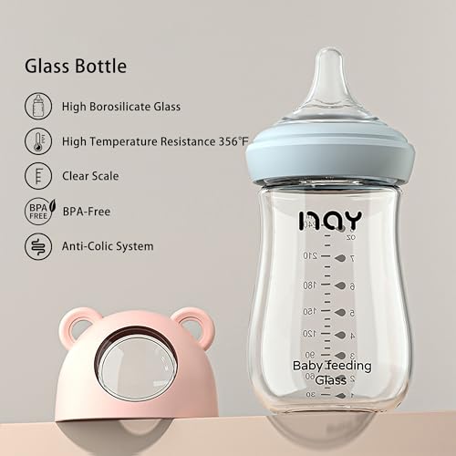 yanyoyo Natural Glass Baby Bottle for Breastfeeding Babies, 8oz Anti-Colic Baby Bottle with Natural Response Nipple(M), Clear, Wide Neck, 4 Pack, 3 Months+ - color: Pink, size: 8 Ounce (Pack of 4)