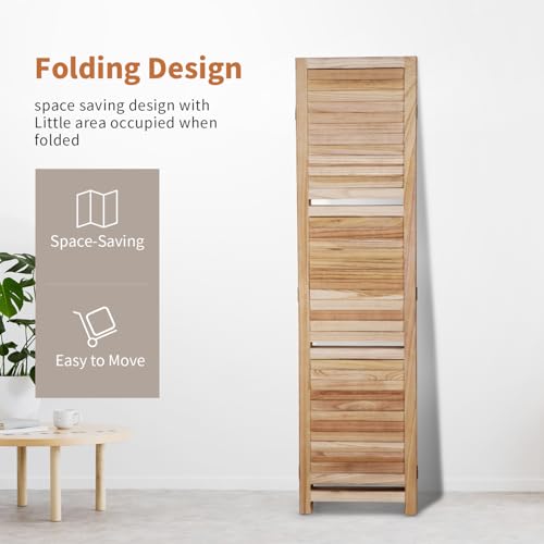 Room Divider 4 Panel Folding Wood 5.6 Ft Tall Privacy Screen Dividers Wall with Three Shelves Portable Partition (Natural) - color: Natural