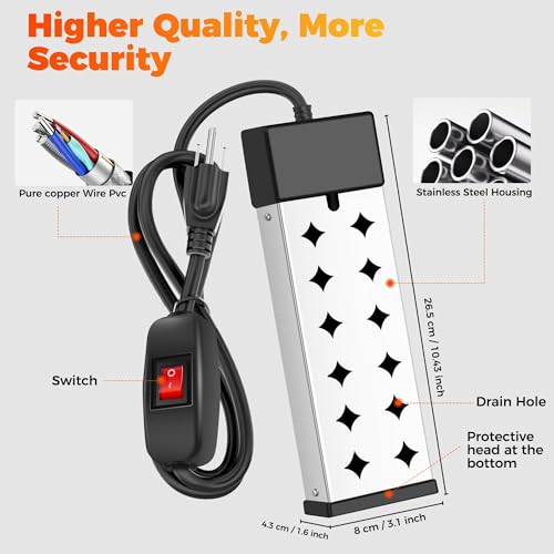 Immersion Water Heater Electric, Fast Heating Portable Water Heater with 304 Stainless Steel, Anti Dry Burn Protection and Adjustable Thermostat, Fast Heating for Bathtubs, Buckets, 120V