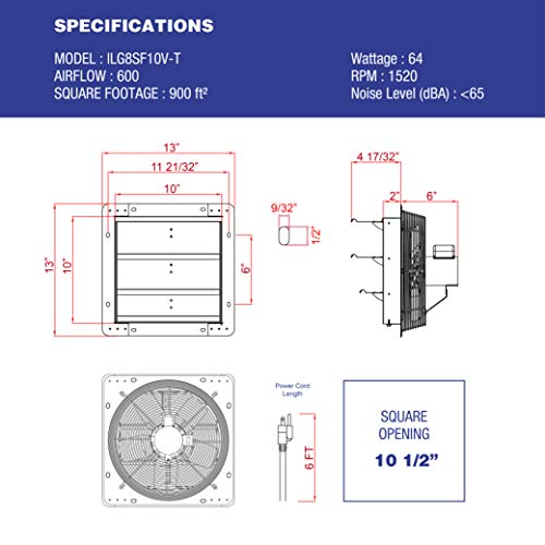 iLiving ILG8SF10V-T, 10 inch Shutter Exhaust Attic Garage Grow, Ventilation Fan with 3 Speed Thermostat 6 Foot Long 3 Plugs Cord, 10" - Variable, 600 CFM, 900 SQF Coverage Area, Silver - size: 10 Inches