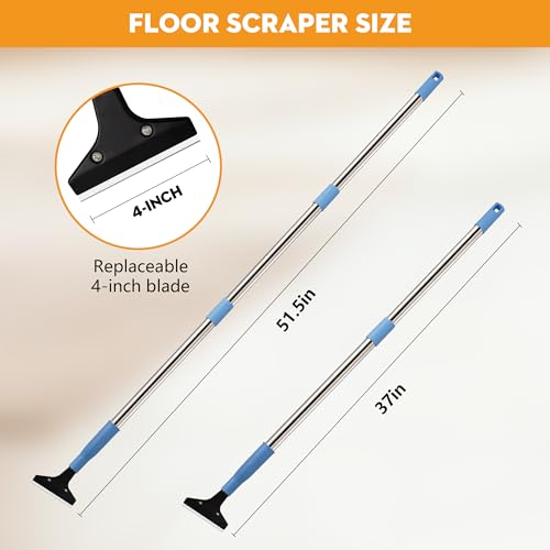 4-Inch Razor Blade Floor Scraper, Long Handle Heavy Duty 37-51.5 Inch | Adjustable Razor Scraper for Cleaning Windows, Glass,Shower,Gum,Tile,10 Extra Blades - size: 51.5in