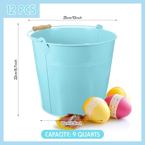 Didaey 12 Pcs 9 Quart Large Galvanized Metal Buckets with Handle Inch Heavy Duty Stainless Steel Pails Round Pail for Party Wedding, Crafts, Utensils, Table Centerpieces (Light Blue) - color: Light Blue