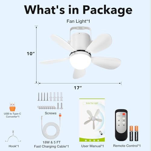 Ceiling Fan Light, Battery Operated Gazebo Fan Light with Remote, Portable Rechargeable Camping Fan Light for Outside, Wireless, for Outdoor Tent Canopy Porch Patio Greenhouse RVs Pergola - size: 17" Ceiling Fan