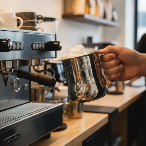 TrueCraftware- 18 oz Milk Frothing Pitcher Stainless Steel with Measuring Scale- Frother Cup Steaming Espresso Milk Pitcher Coffee Bar Cappuccino Barista Tools Milk Jug Steamer - size: 18 Ounces