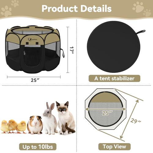 Siedihit Puppy Playpen for Small Dog Cat, Dogs Tent Crate Cage | Indoor/Outdoor, Portable Pop Up Dog Kennel with Carrying Bag for Rabbits(Black Khaki, Small) - color: Black Khaki