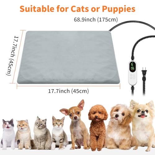 Pet Heating Pad, 9 Adjustable Temperature Cat Heating Pad with Timer, 17.7"x17.7" Waterproof Heated Warming Dog Blanket Bed Mat for Cats Dogs Kitten Puppy Small Animal Indoor with Chew Resistant Cord