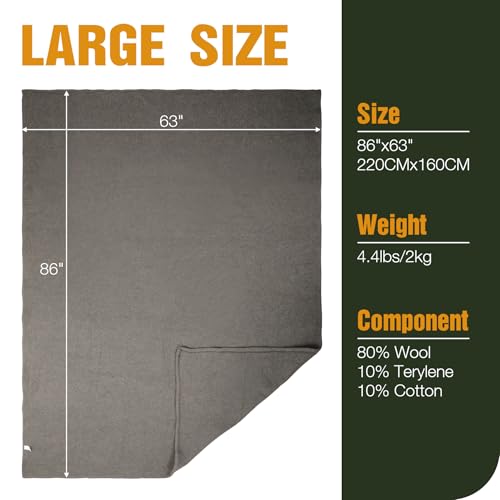REDCAMP Wool Blanket, Warm and Thick Wool Camping Blanket, Grey | Great for Outdoors, Camping, Stadium Blanket, Picnics, Travel and Car, Machine Washable 86"x 63" - color: 86"x 63" Grey